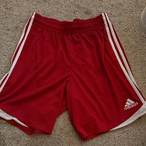 Adidas Red Athletic Shorts with White Stripes Climacool